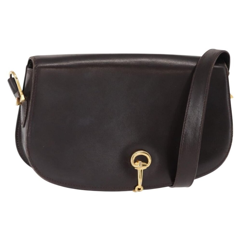 Authentic GUCCI Shoulder Bag Leather Brown gold